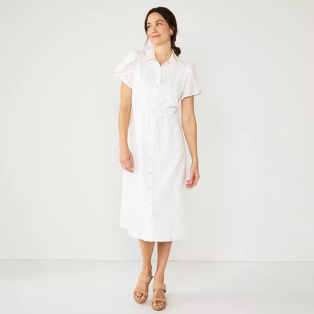🤍 Draper James 100% Cotton Embroidered Eyelet Midi Shirt Dress, M